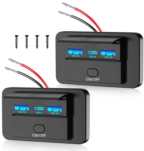 GIBBAB 2 Stück USB Steckdose 12V 72W 3-Port QC3.0 PD3.0 mit Schalter | Schnellladung mit 36W Power Delivery und dual 18W Quick Charge - drei Anschlüsse gleichzeitig, ideal für Wohnmobil Boot LKW