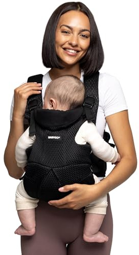 BABYGO® AirMesh™ Babytrage mit integriertem Sabberlätzchen | von 0 bis 18 Monaten | Verstellbare, leichte und atmungsaktive AirMesh™-Technologie | Schwarz