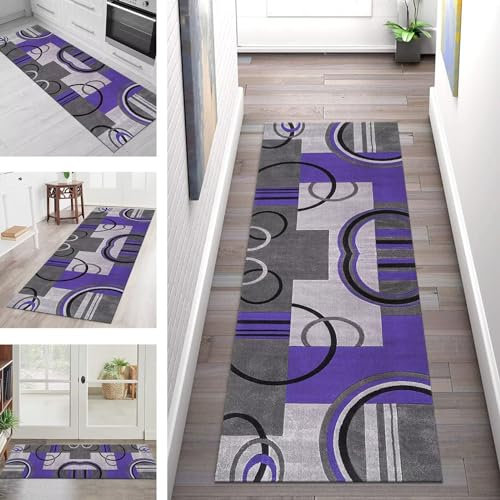 Teppich Läufer Lang Küche Flur Teppichläufer Rutschfest Waschbar Küchenläufer Teppichmatten Grau Violett 3D Schmutzfangmatte 120X240CM Meterware Flurteppich Wohnzimmer Schlafzimmer Küchenteppich