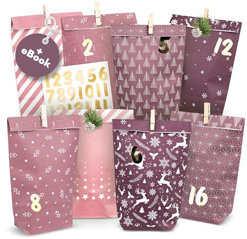 AMARI ® Adventskalender zum Befüllen Nr. 14 Midnight Rose - 24 Papier Adventstüten (mit Holzklammern) zum Basteln für Weihnachten - Papier Weihnachtstüten
