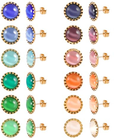 JMFENFA 12 Paar bunte Katzenaugen-Edelstein-Ohrstecker, 18K Gold plattiert Chirurgischer Edelstahl Multicolor Edelstein Ohrstecker Set für Frauen (Gold 8mm)