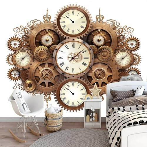Fototapete Mechanische Uhr Mit Zahnrädern In Hellbraun 300 x 210 cm Tapete Fototapeten Vlies Tapeten Vliestapete Wandtapete Wand Wandbild Schlafzimmer Wohnzimmer Antike Uhr Steampunk-Stil Wanddeko