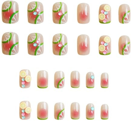 Short Square Press-On Fake Nails Fresh Lemon Orange Nail Art Decoration Summer Manciure for Women and Girls 24pcs