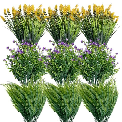 Kingrun 18 Pezzi Fiori Artificiali da Esterno, Fiori Finti Artificiale Arbusti Ramo Resistente ai Raggi UV, Bouquet di Pianta Finta per Decorazioni Cimitero, Giardino, Vasi, Finestra, Casa