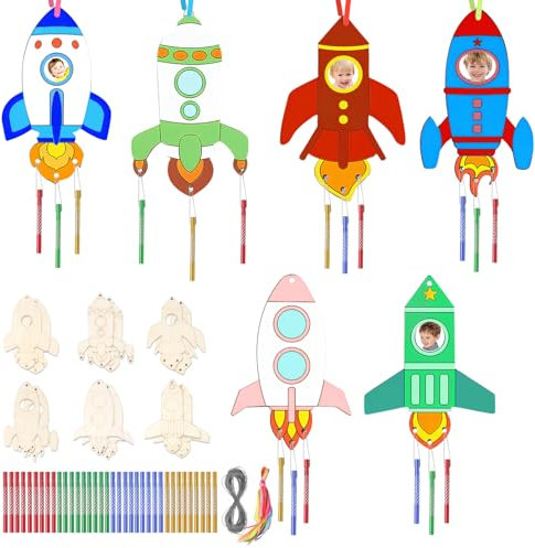Tikplus Windspiel Bastelset Raketen, Kinder Holzbastelsets, 12 Stück Klangspiele Holz zum Bemalen, Kreative Weltraum Spielzeug, Rakete Garten Deko für Junge Mädchen handwerk, Kindergeburtstag