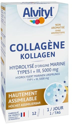Alvityl Collagene 5000 mg, idrolizzato, di origine marina, tipo I e III, altamente assimilabile, senza aromi, senza coloranti, 12 bastoncini