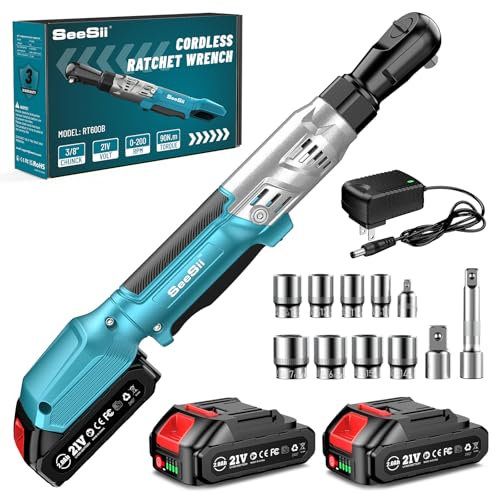Seesii Kit di chiavi a cricchetto senza fili da 21 V, 3/8, cricchetto elettrico da 10,6 m, cricchetto a velocità variabile, batterie agli ioni di litio e caricabatterie 2 x 2,0 Ah, 7 prese,