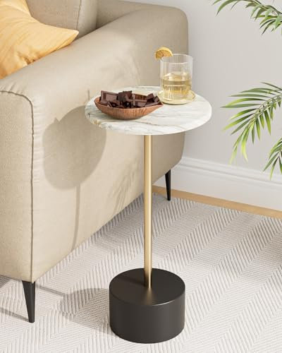 HEYZOEY Beistelltisch, Kleiner rund Cocktailtisch, Weiß Couchtisch mit Marmormuster, Getränketisch für kleine Räume,Wohnzimmer,Schlafzimmer,Weiß & Schwarz & Golden