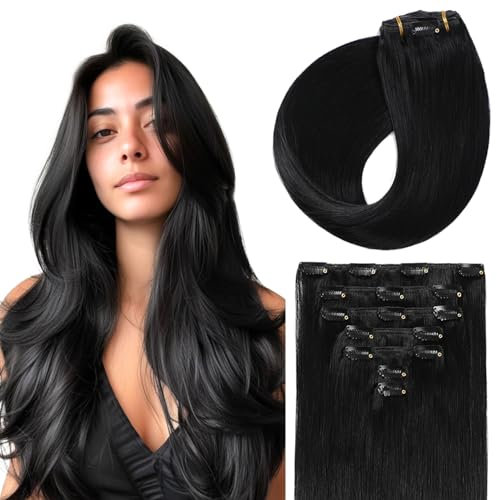 Sunya Clip in Extensions Echthaar Jett Schwarz Echthaar Extensions Clip in Echthaar Extensions Invisble Clip Extensions Glatt Haar Skin Weft 70g 16 Inch 7 Pcs With 16 Clips