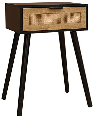 Miroytengo Frischer Nachttisch für Schlafzimmer, nordischer Stil, Schwarz und Rattan, 1 Schublade, 40 x 60 x 30 cm, Melamin, helles Holz.