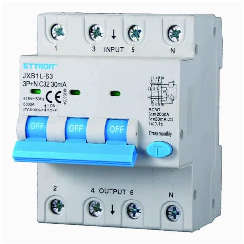380V 32A C32, INTERRUTTORE MAGNETOTERMICO DIFFERENZIALE SALVAVITA, 3P+N, MONTAGGIO SU BARRA DIN, 4 MODULI, 30mA, 6KA 6000A, RCBO, 415VAC, classe A