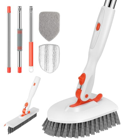 SetSail 4-in-1 Tile Tub Floor Scrubber with V-Shaped Grout Brush, Orange | with 3 Detachable Replacement Brush Head, Multi-Angle Cleaning Locks at 45°, 90°, 180° for Bathroom Kitchen Walls Tub Tile