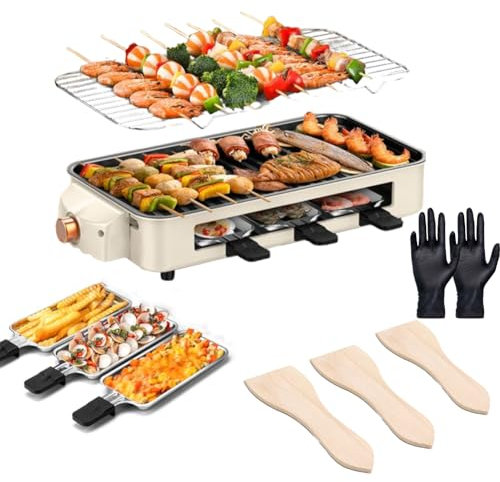 Raclette Grill 1500W Electric Indoor Griddle, 3-in-1 with Grill Net, 2 Cheese Pans, Wooden Spatulas, Gloves, and Baking Pan, Temperature Control, Dishwasher Safe