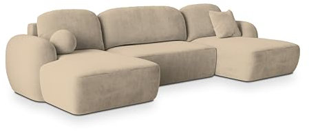 Masseno Ecksofa Savona K mit Schlaffunktion U-Form, Sofa mit Bettkasten, Wohnzimmersofa, Couch, Soffa, Bettsofa, Couchgarnitur- Beige, Paros 02