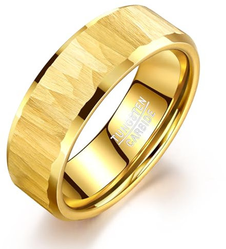 TUNGSTORY Wolframkarbid Herrenring Hammered - Gold Kratzfest Ehering Hochzeit Geschenk für Ihn Komfortring 57(18.1)