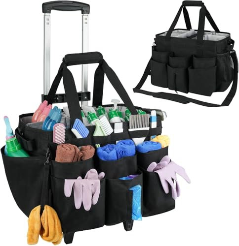 Cleaning Caddy with Handle,Large Rolling Cleaning Bag Organiser with Wheels,Wearable Cleaners Caddy with Detachable Thick Dividers/Adjustable Shoulder Straps for Cleaning Supply,Home,Car,Garden,Black