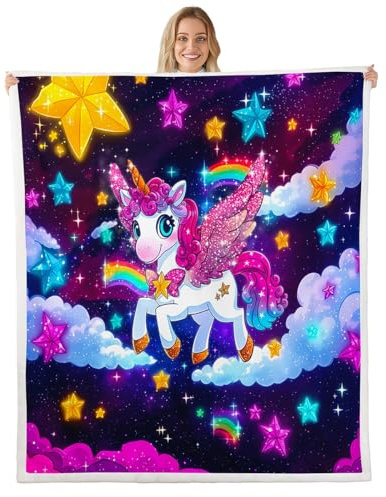 Homemissing Kinder Mädchen lila mit Flügeln Einhorn Decke 100x130cm Prinzessin Stil Kuscheldecke weicher Regenbogen Wolke Stern Druck Wohndecke Flanell Fleecedecke Träumiges Pferd