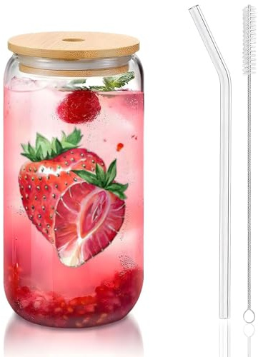 MDATT Trinkgläser mit Deckel und Strohhalmen, Erdbeer-Druck, 473 ml, niedliche Wassergläser für Saft, Bier, Kaffee, Tee