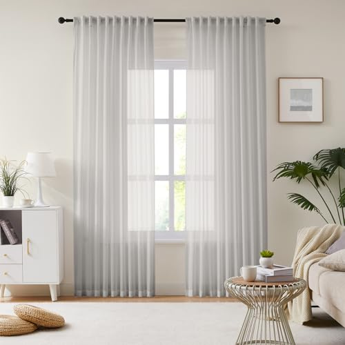Melodieux Gardinen Wohnzimmer Modern, Scheibengardinen 260cm Lang Kräuselband Vorhang Grau, 260×137cm (H×B) 2er Set