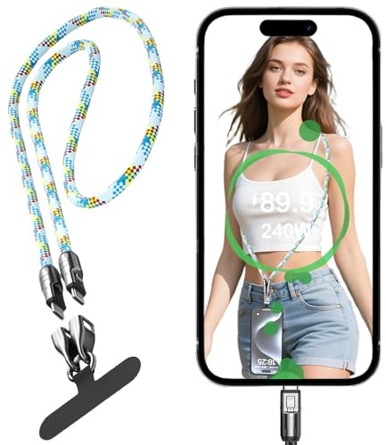 Fofvccv USB-C Phone Lanyard Cable 240W Fast Charging & Data Transfer, Wearable Nylon Crossbody Strap for iPhone, Samsung, Xiaomi, Pixel, Tablets & USB-C Devices Blue