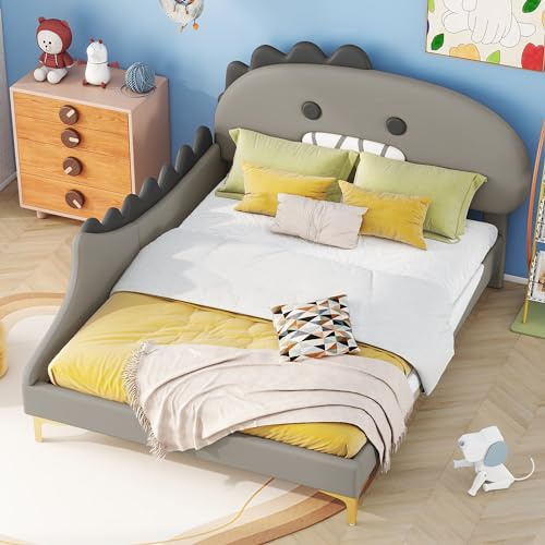 LinoraFurn Kinderbett, Cartoon Dinosaurier Form, Flachbett, PU Material (Grau, 140X200cm)