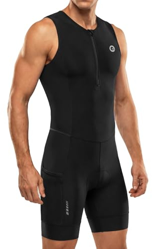 Men's Triathlon Suit Sleeveless Trisuit for Swim Bike Run, 2 Mesh Pockets