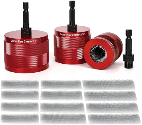 Bourske Juego de limpiador de tuberías de cobre de 1/2 pulgada, 3/4 y 1 pulgada para taladro con vástago hexagonal de 1/4 pulgadas y 12 cuchillas de cepillo, herramientas de fontanería para eliminar