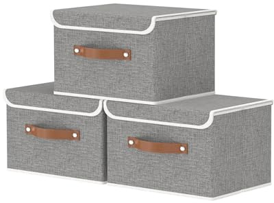 OUTBROS Storage Boxes with Lids 3 Pack, Organiser 26x20x17cm, Grey | Collapsible Storage Bins with Handle, Organiser Containers for Shelves, Linen Fabric Clothing Basket