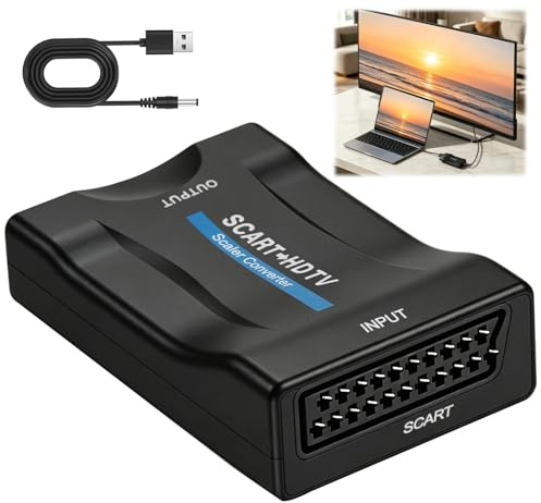 SCART a HDMI Convertidor 1080P/720P con Cable USB, Soporta Resolución 720P/1080P,Adaptador Euroconector a SCART to HDMI para TV HDTV Monitor Proyector, Conversor Compatible con DVD VHS Consolas | Adaptador HDMI Scart Full HD 1080P upscaling, Plug & Play. Cable USB para televisor y monitor