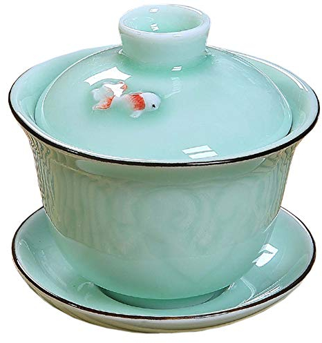 Ceramic Gai Wan Set, Gaiwan Tea Cup With Lid For Chinese Traditional Gongfu tea Ceremony Brew Loose Oolong/Puerh Tea (fish)