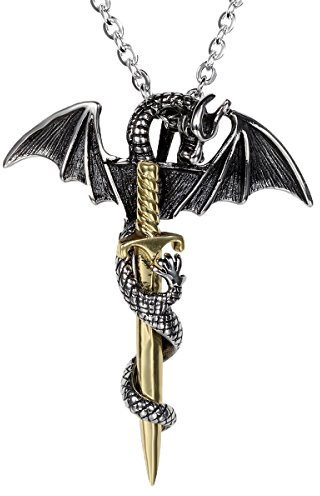 Flongo Edelstahl Anhänger Halskette Silber Gold Drachen Schwert Fledermaus Retro Herren,mit 55cm Kette