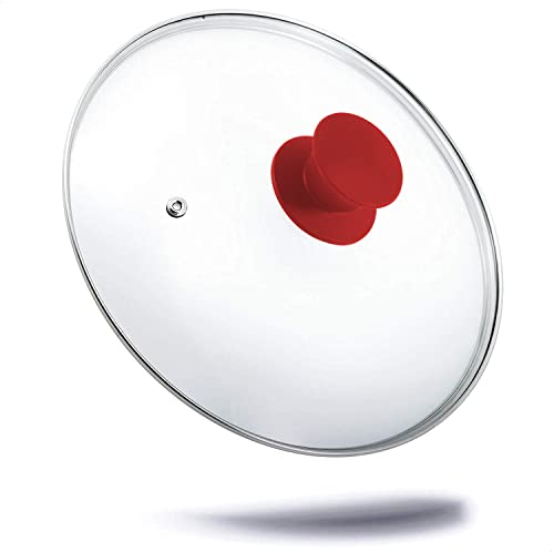 Kerafactum Coperchio per pentola in vetro (Ø 12 cm), lavabile in lavastoviglie, coperchio universale resistente al calore, per pentole e padelle, vetro temperato di qualità con foro per vapore, manico di alta qualità, in silicone rosso