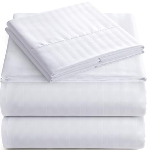 Elaine Karen King Italian Prestige Collection gestreiftes Bettlaken-Set, 1800, luxuriöse, weiche Mikrofaser, Tiefe Taschen, 4-teilig, knitterfrei, Flecken- und lichtbeständig, Weiß