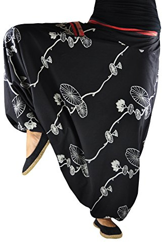 virblatt - Aladinhose Damen | Baumwolle | Goa Hose Haremshose Damen Sommerhose leicht Hippie Hosen Pluderhose - Halluzination S/M schwarz
