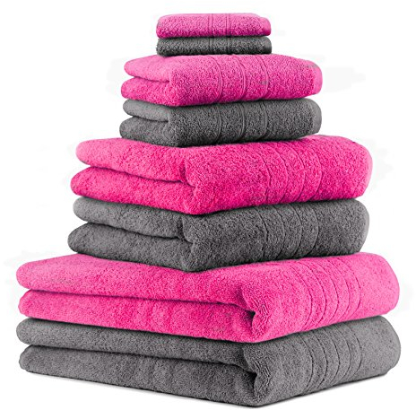 Betz Set di 8 asciugamani DELUXE in spugna - 2x asciugamani doccia - 2x asciugamani - 2x teli da bagno - 2x asciugamani viso - ANTRACITE + FUCSIA