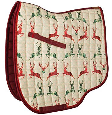 GlücksHucke Muster Dressur Schabracke 'Wildsprung' in Beige mit Hirsch-Motiv in Bordeaux-Rot & Dunkelgrün WB/DR (Einfassung Rot)