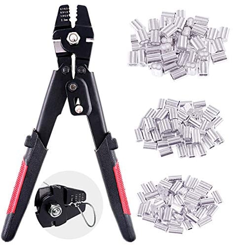 Swpeet Profession - Herramienta de Crimpado de Cuerda de Alambre Hasta 2,2 mm Con 150 Piezas de Virolas de Aluminio de Doble Barril en 3 Tamaños