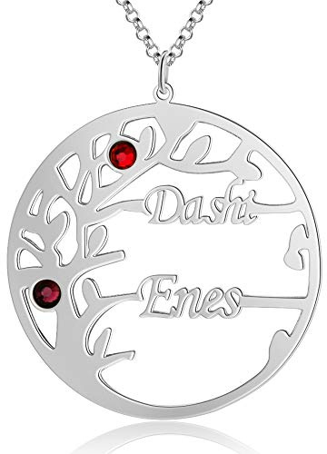 Kaululu Personalised Womens Tree of Life Necklace with Engraved 2 to 4 Family Names Simulated Birthstones BFF 925 Sterling Silver Pendant for Mother Grandma Birthday Jewellery Gift (Silver, 2 name)