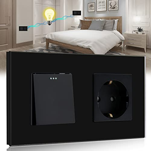 BSEED Lichtschalter mit Steckdose 1 Fach 2 Wege,10A Kristall Glas Platte Wandschalter mit 16A Schuko Steckdose Schwarz,Physische Unterputz Wechselschalter mit Steckdose- 157mm
