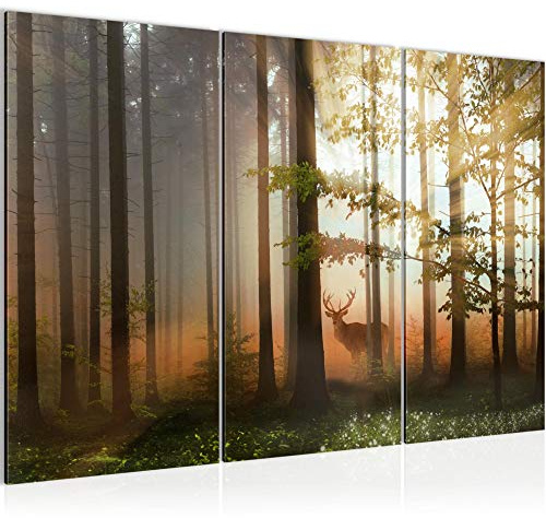 Runa Art Wandbilder Wald Hirsch Bild XXL Wohnzimmer Schlafzimmer Grün Gelb Natur 120 x 80 cm 3 Teilig 012731a