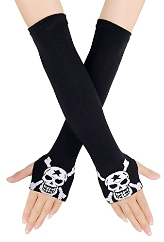 Bienvenu Gestrickte lange fingerlose Skelett-Handschuhe, Unisex Halloween Punk Armwärmer Ärmel, schwarz, Einheitsgröße