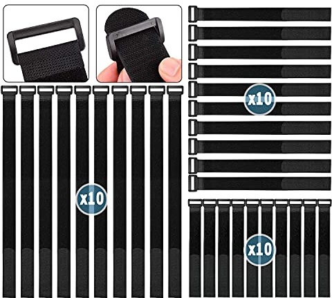 30 Stück Wiederverwendbare Klett Kabelbinder Set Schwarz, Fruitlet® Klettband mit Öse 40 cm, 25 cm, 15 cm (je 10 Stück), Klettband mit Schnalle Kabelbinder Klettverschluss aus Schwarz Nylon