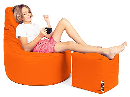PATCH HOME Patchhome Gamer Kissen Lounge Kissen Sitzsack Sessel Sitzkissen Bean Bag + Würfel/Hocker mit Reißverschluss bereits befüllt (Neon Orange, XXL - Ø80cm Sessel + 35x35cm Würfel)