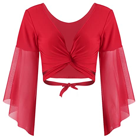 JEATHA Damen Bauchtanz Kostüm Tanz Ballett Oberteil Elegant Crop Top Festlich Langarm Bolero Shrug Top Bauchtanzoberteil Kurzes Oberteil Bühnenkostüm Rot One Size