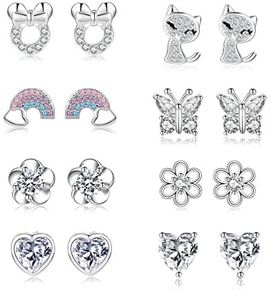 EXGOX 8Paare Hypoallergen Ohrstecker Silber925 Damen Mädchen Tiny Ohrstecker Silber AAAAA Zirkonia SterlingSilber Ohrringe Set Schmetterling Silber Ohrringe Mädchen