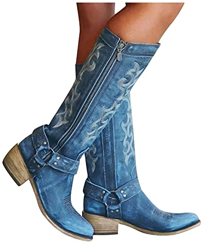 Stivali Alti Donna Sexy Sopra il Ginocchio Caldo Stivaletti Invernali con Tacco Camoscio Larghi Anfibi Stivali Cowboy Curvy Morbidi Vintage Western Boots Pelle Elasticizzati