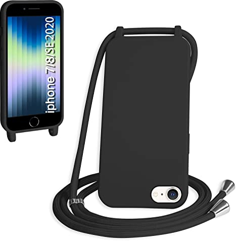 WenBaby Funda con Cuerda para iPhone 7/8/SE 2020, Líquida Silicona Carcasa con Cordón Ajustable Collar Correa de Cuello, Cubierta Prueba Golpes con Microfibra Forro (Negro)