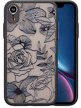 XIZYO Case for iPhone XR, Frosted Translucent Rose Floral Flower Pattern Shockproof Cover, Soft TPU Bumper Protective Phone Case, Black