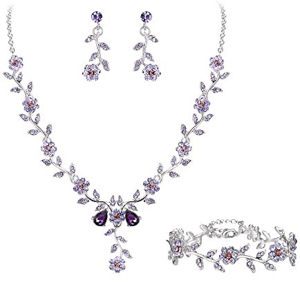 Clearine Women's Wedding Jewellery Set for Party Prom Leaf Cluster Flower Crystal Pendant Necklace Dangle Earrings Link Bracelet for Bridal Brides Bridessmaid Purple Silver-Tone