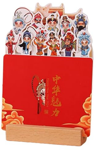 HshDUti 2024 Schreibtischkalender mit Holzsockel, chinesischer Drache, Panda, Katze, Cartoon-Fower-Muster, Januar 2024 – Dezember 2024, Heimbüro, Schule, monatlicher Desktop-Kalender, chinesisches